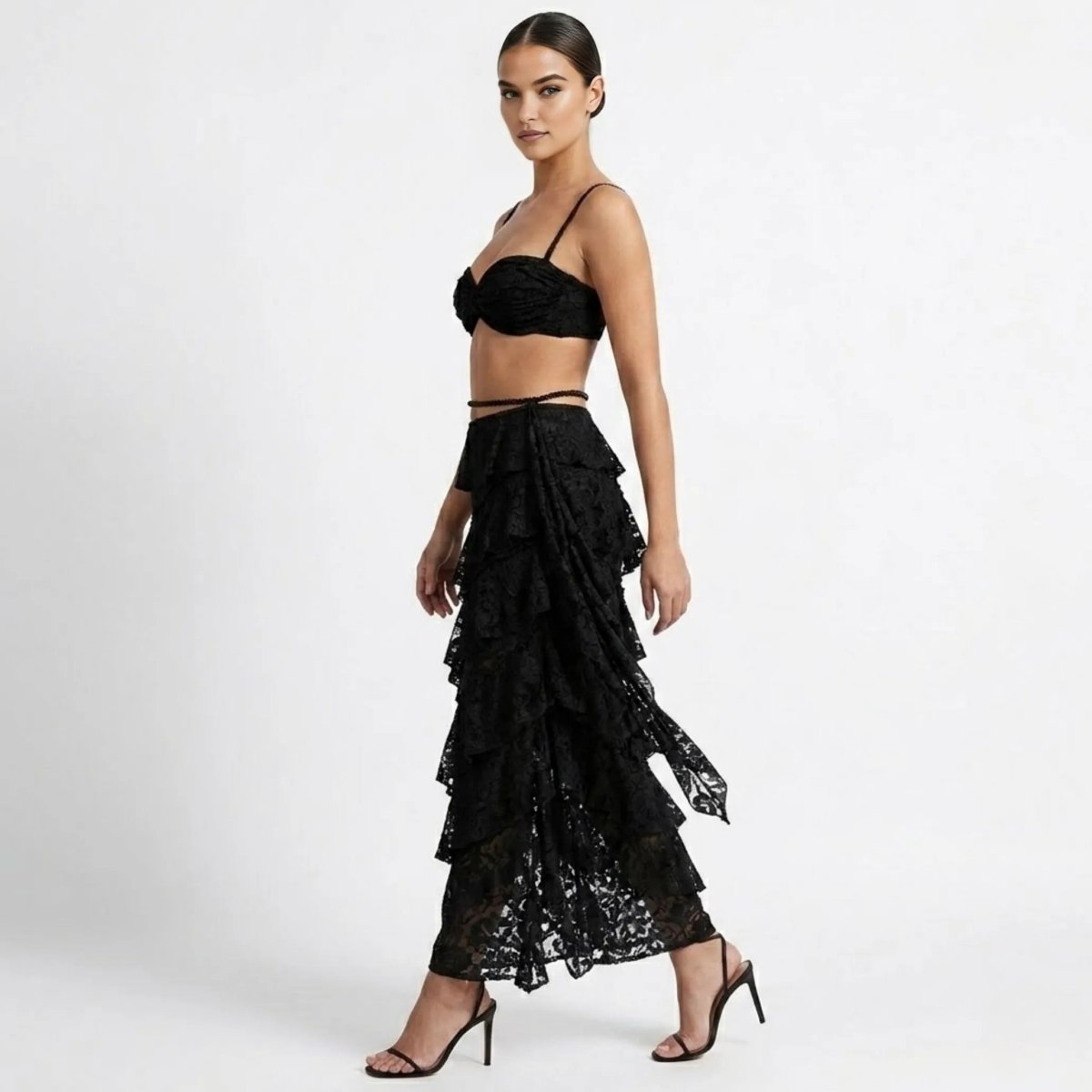 Women's two-piece set with lace bustier and maxi skirt