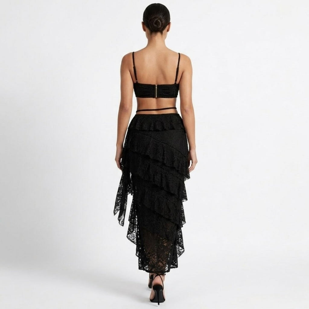 Women's two-piece set with lace bustier and maxi skirt
