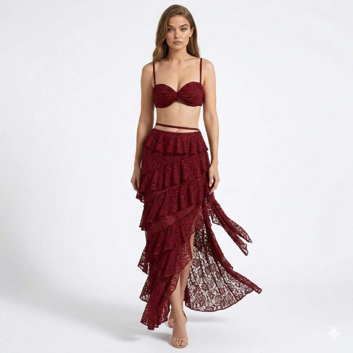 Women's two-piece set with lace bustier and maxi skirt