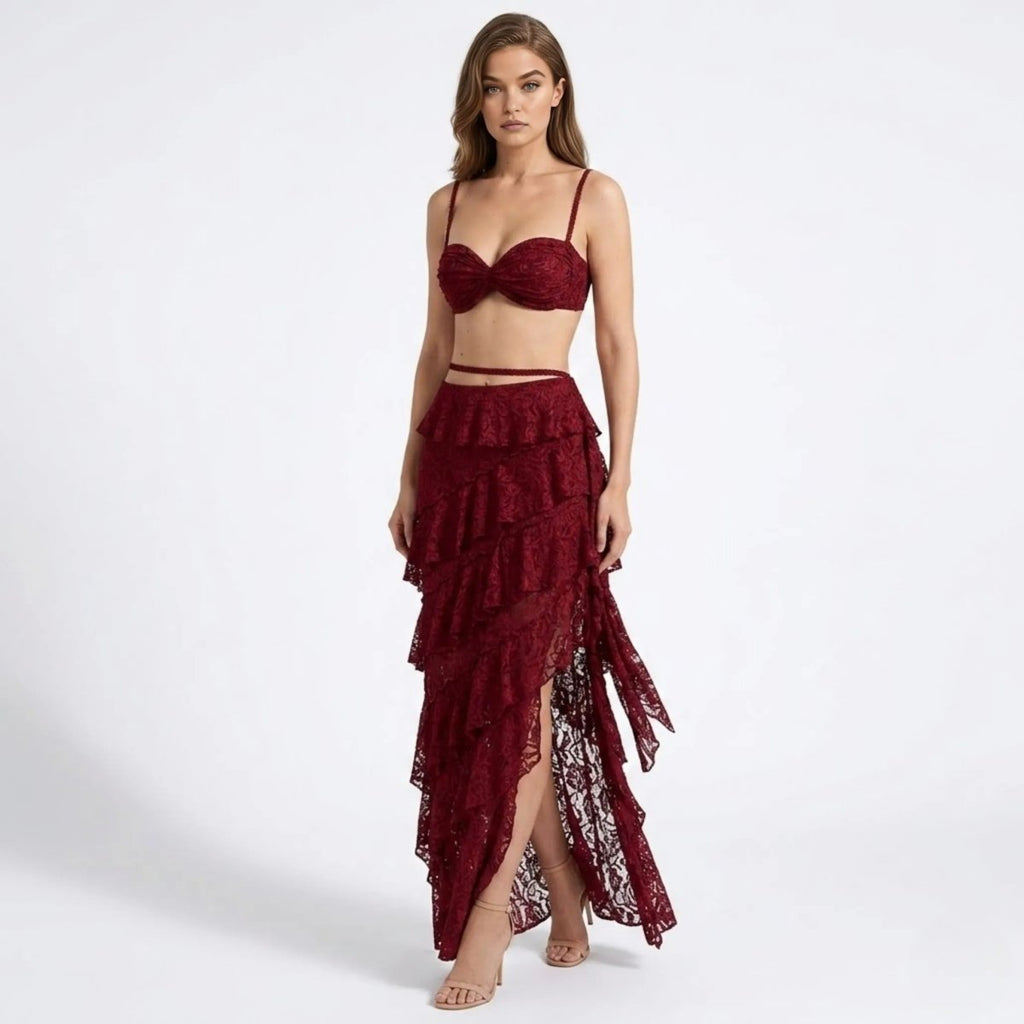 Women's two-piece set with lace bustier and maxi skirt