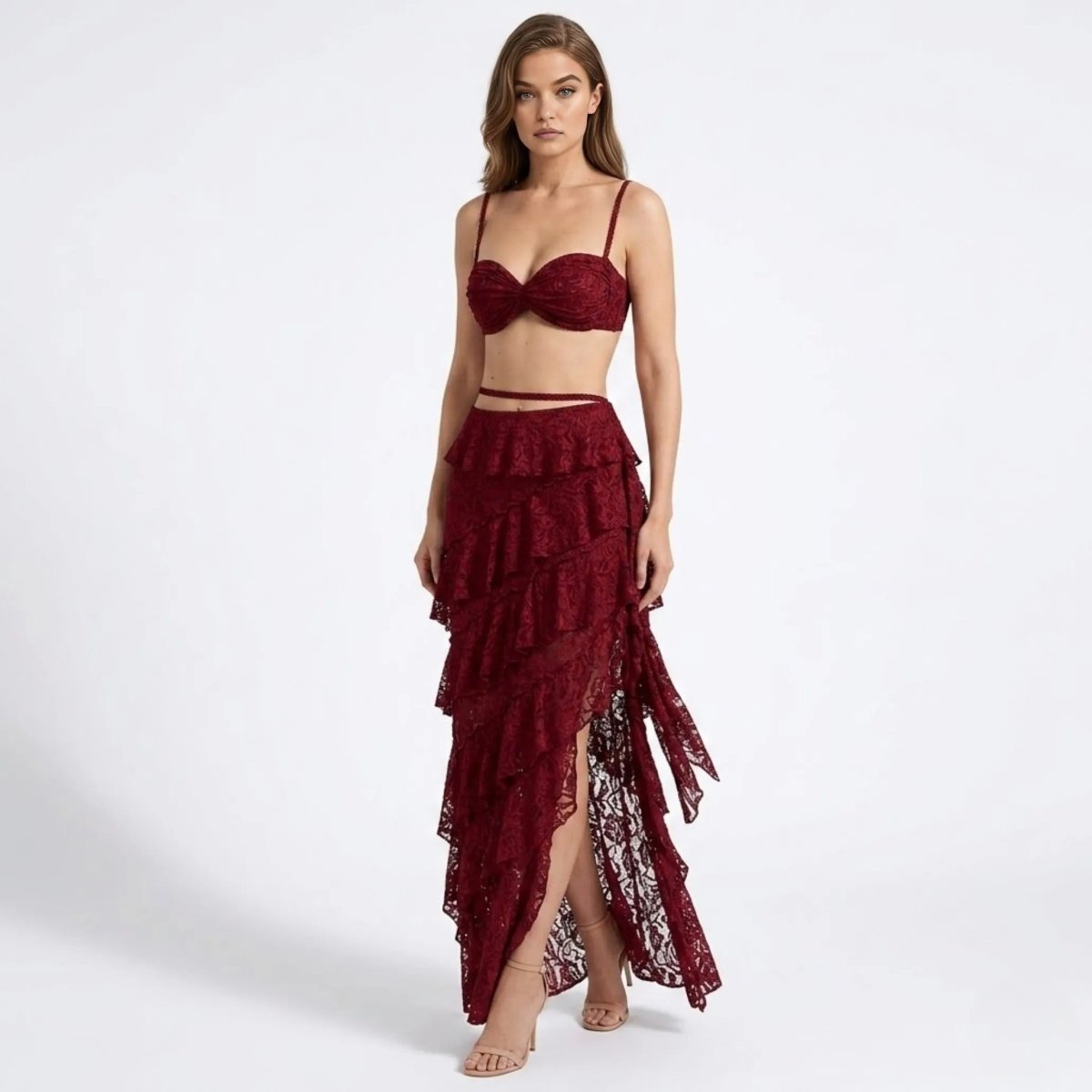 Women's two-piece set with lace bustier and maxi skirt