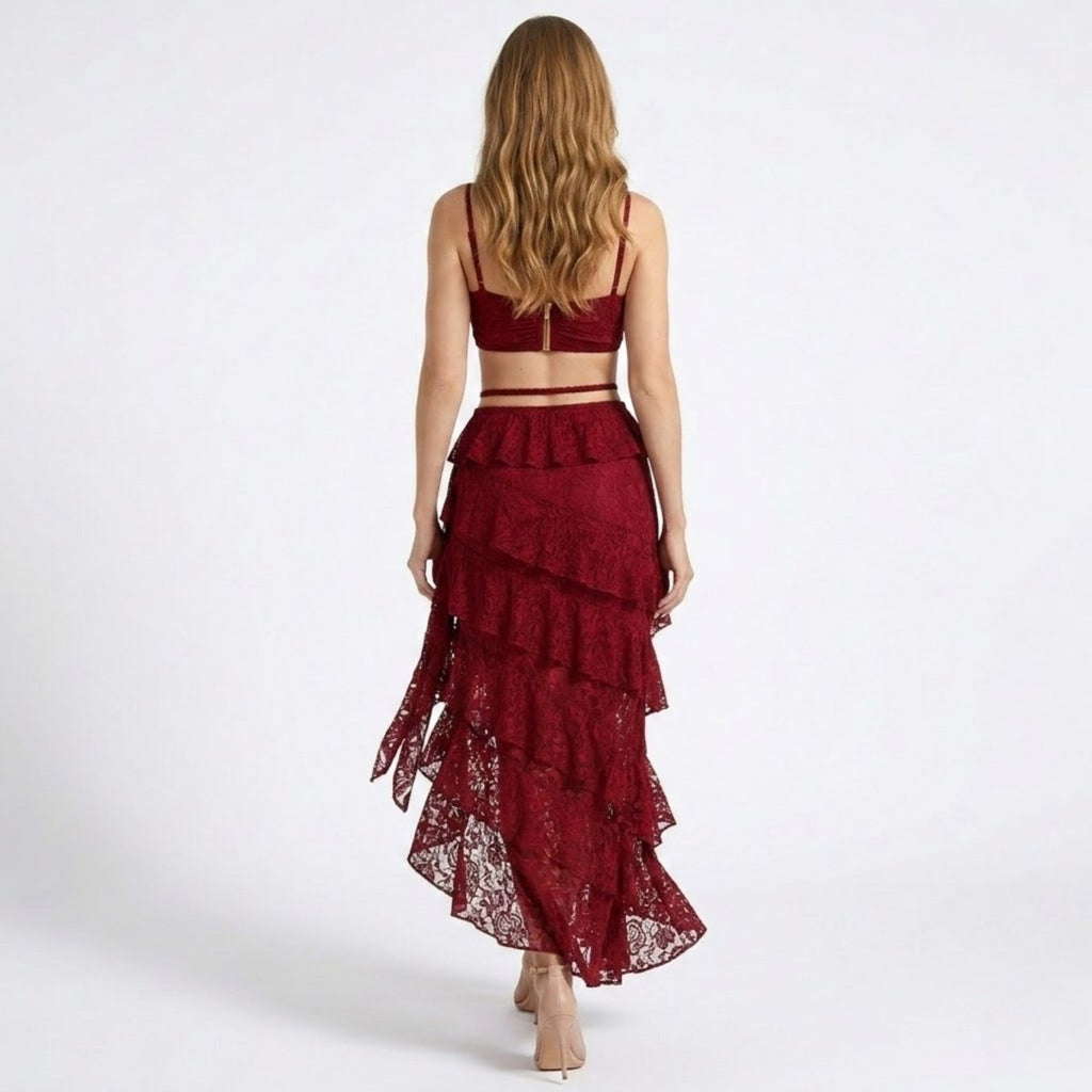 Women's two-piece set with lace bustier and maxi skirt