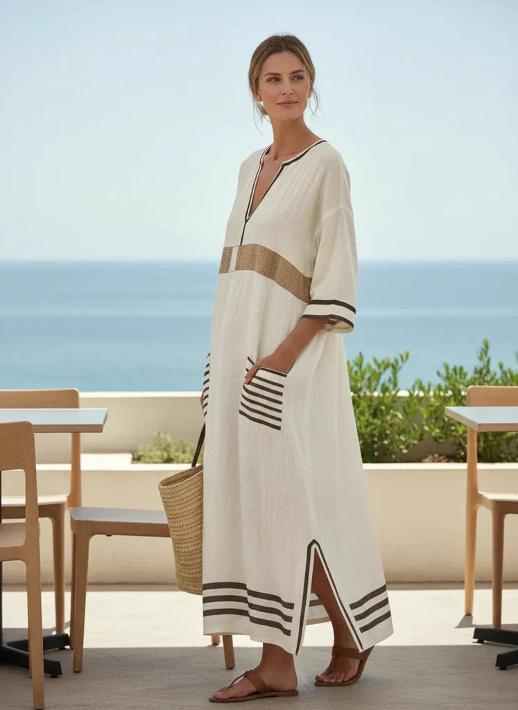 Women's V-neck maxi dress with striped trim and kaftan cut