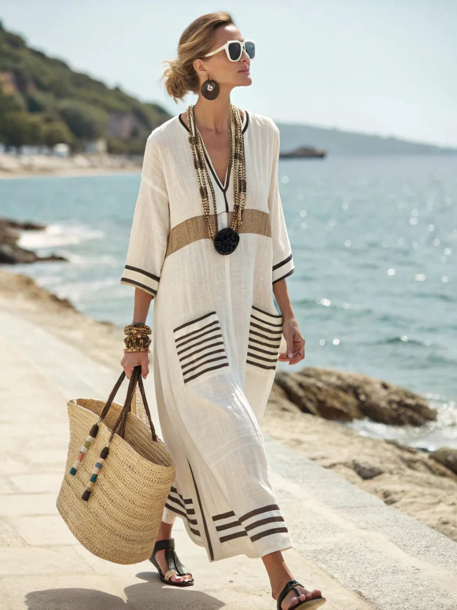 Women's V-neck maxi dress with striped trim and kaftan cut