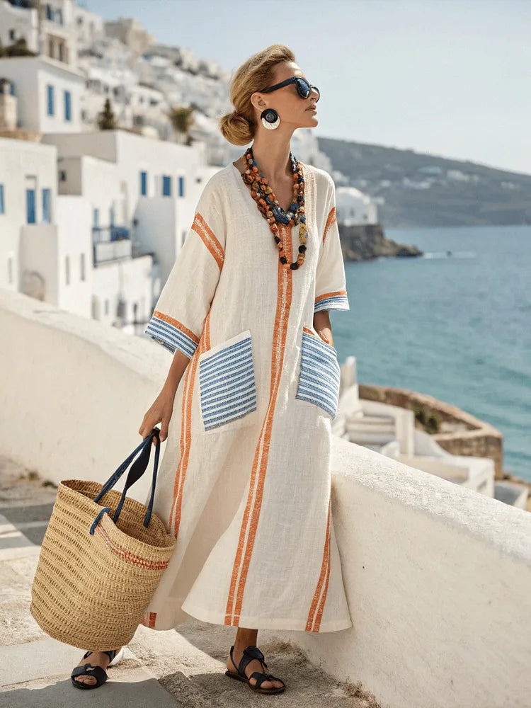 Women's V-neck maxi dress with striped trim and kaftan cut