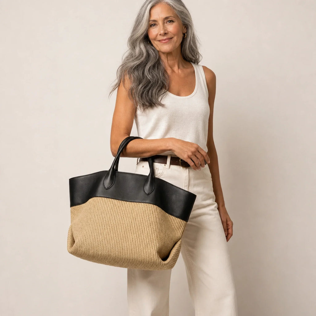 Women's woven tote bag with colourblock design