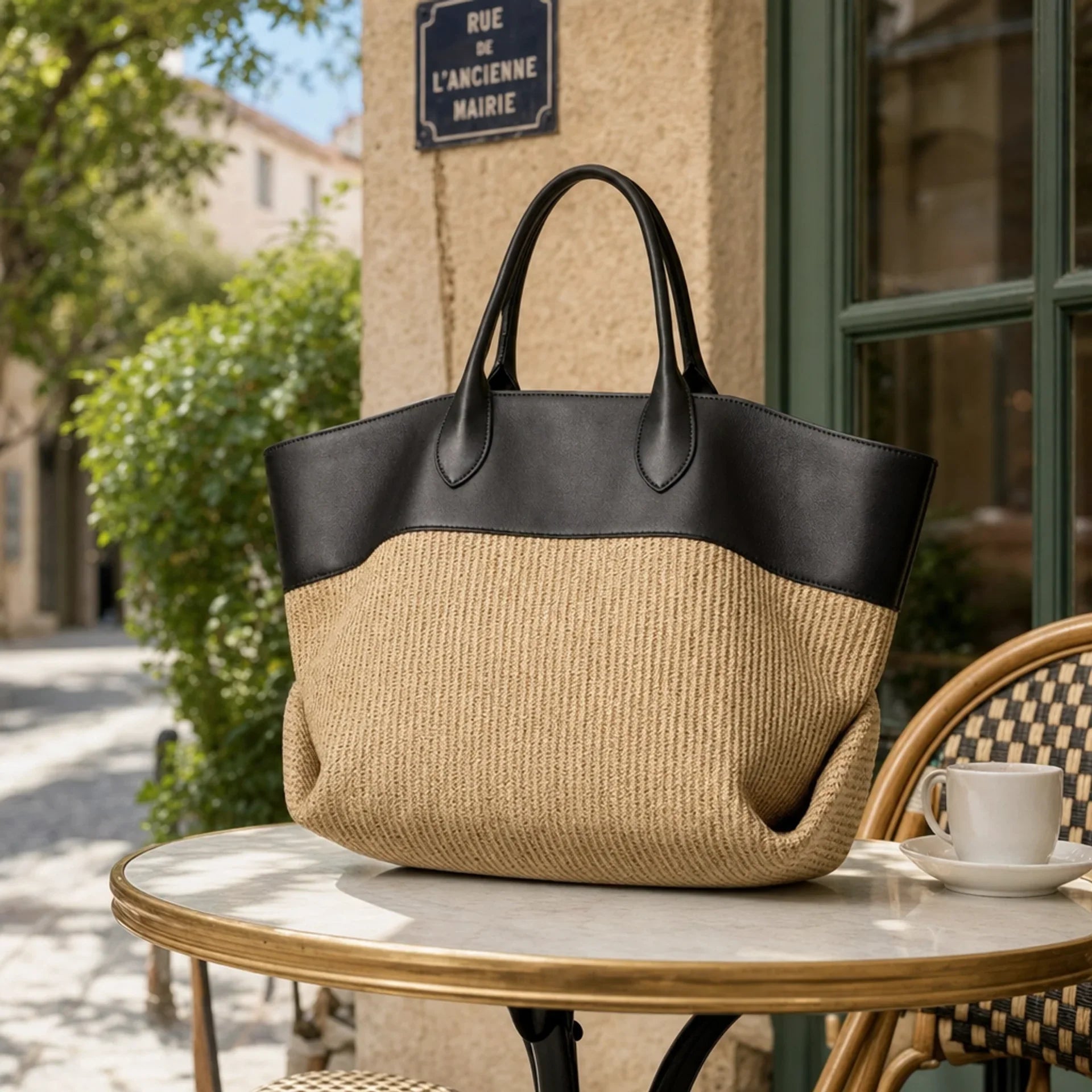 Women's woven tote bag with colourblock design