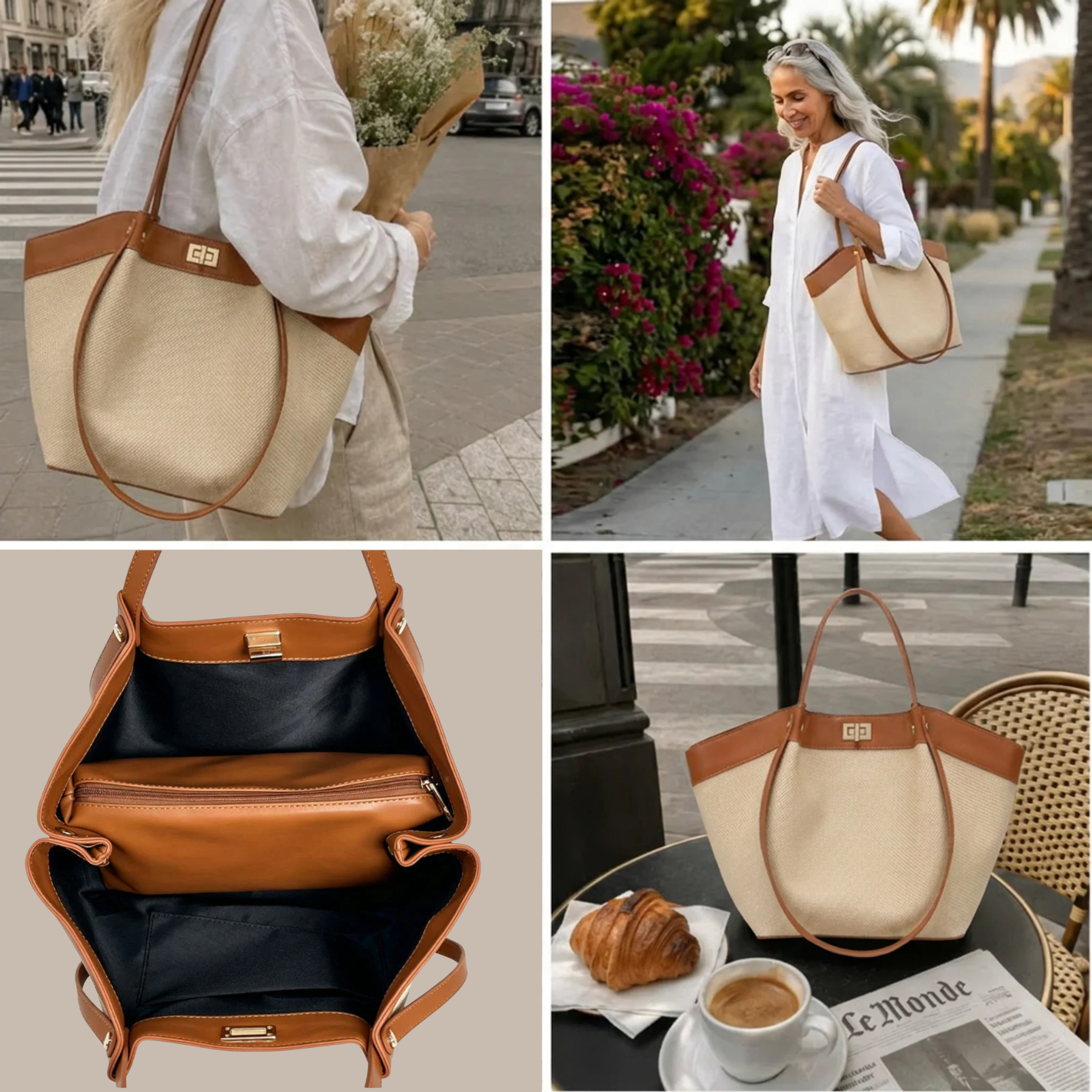 Women's woven tote bag with open top