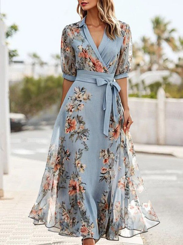 Women's wrap maxi dress with floral print and long skirt