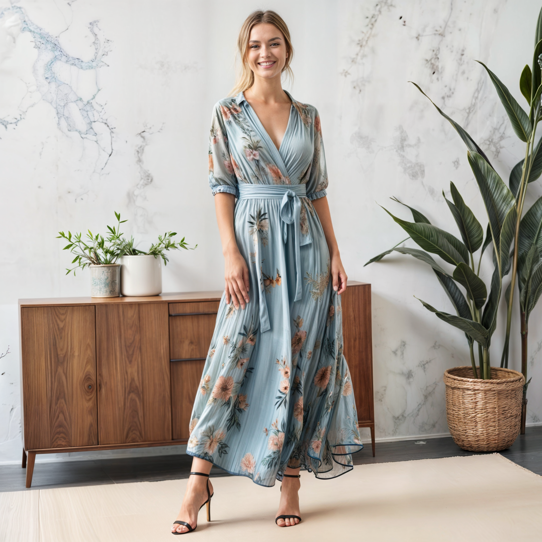 Women's wrap maxi dress with floral print and long skirt