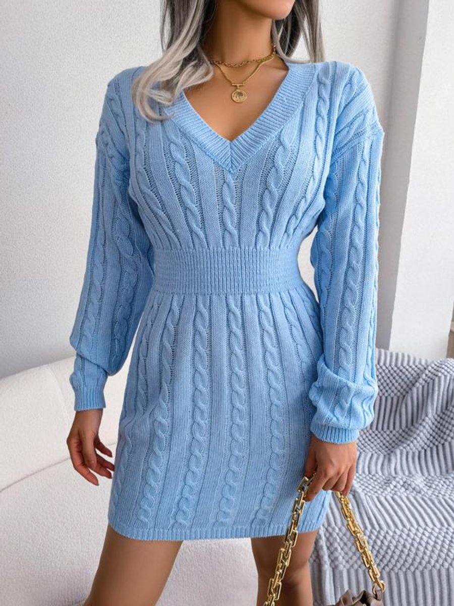 Robe Pull Femme Col V À Taille Marquée