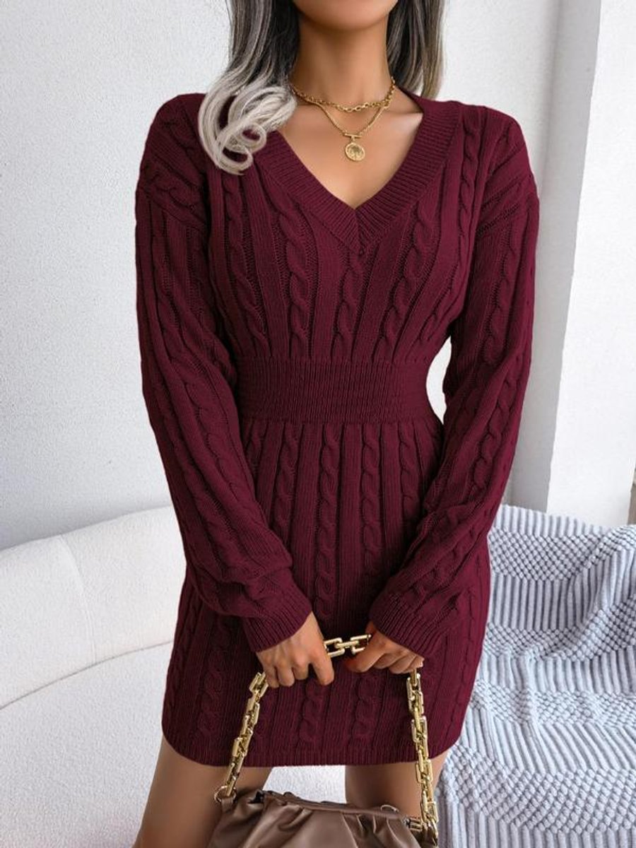 Robe Pull Femme Col V À Taille Marquée