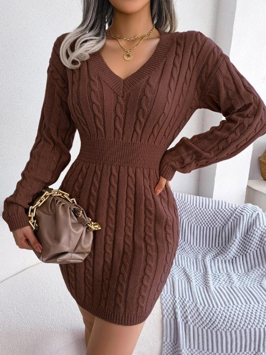Robe Pull Femme Col V À Taille Marquée