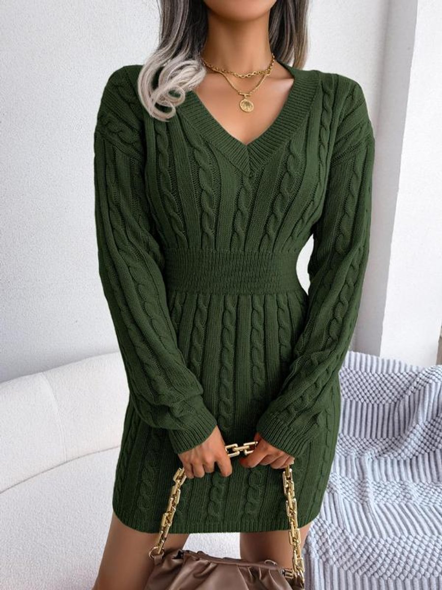 Robe Pull Femme Col V À Taille Marquée