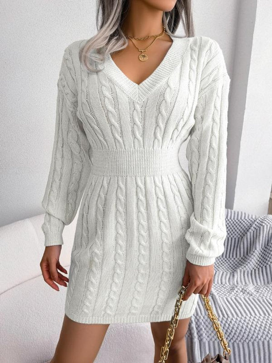 Robe Pull Femme Col V À Taille Marquée