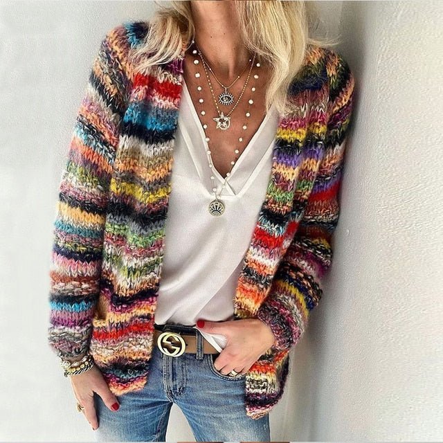Cardigan Femme Ouvert À Rayures Multicolores