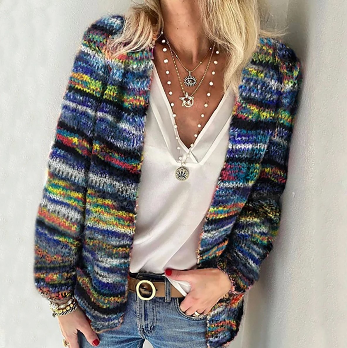 Cardigan Femme Ouvert À Rayures Multicolores