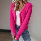 Cardigan Court Duveteux Femme À Col V Et Boutons