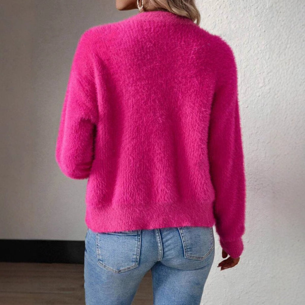 Cardigan Court Duveteux Femme À Col V Et Boutons