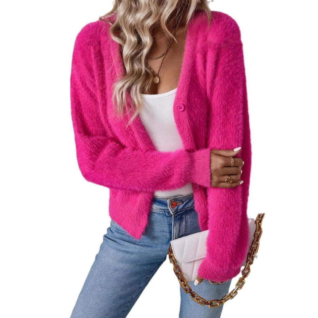 Cardigan Court Duveteux Femme À Col V Et Boutons