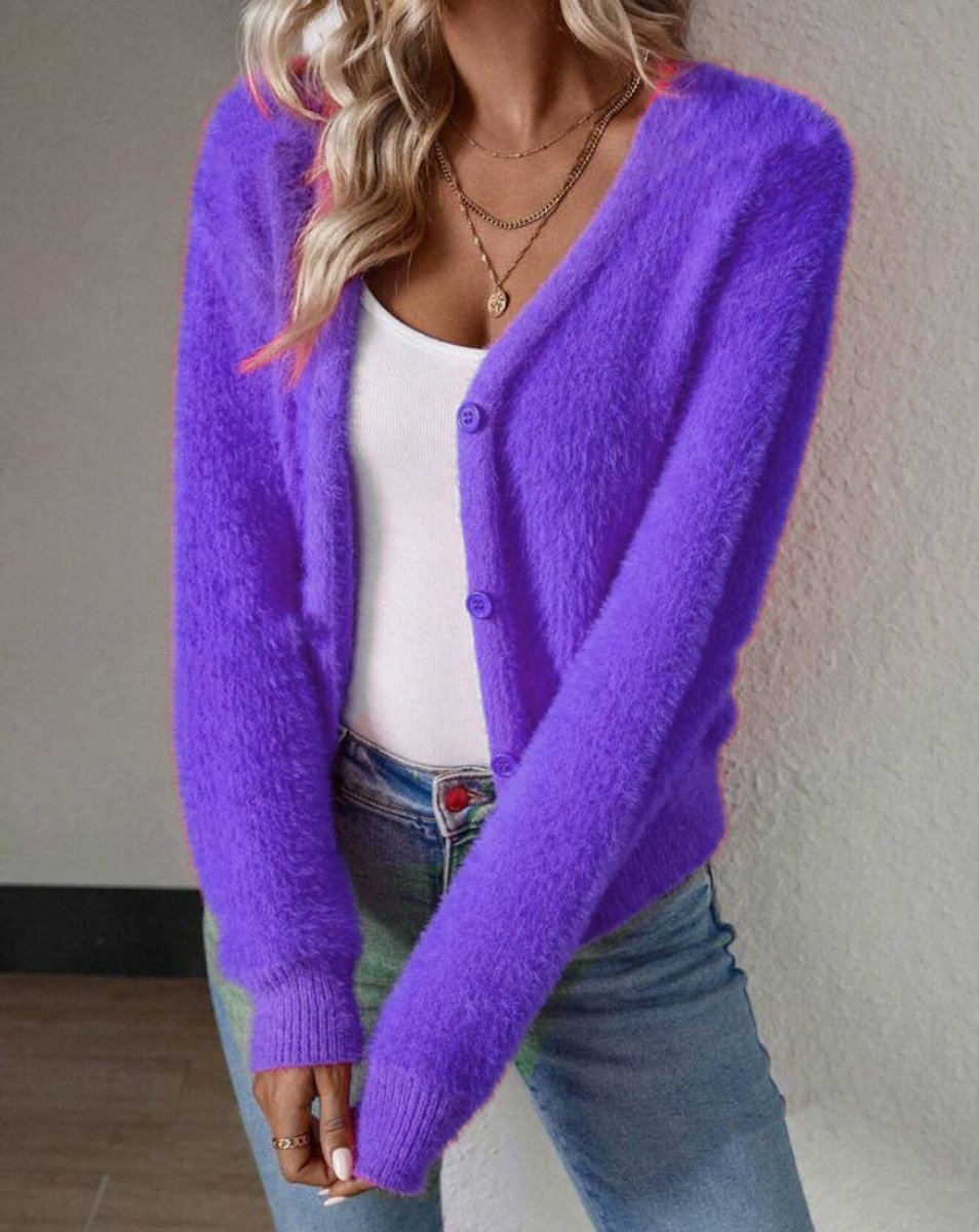 Cardigan Court Duveteux Femme À Col V Et Boutons