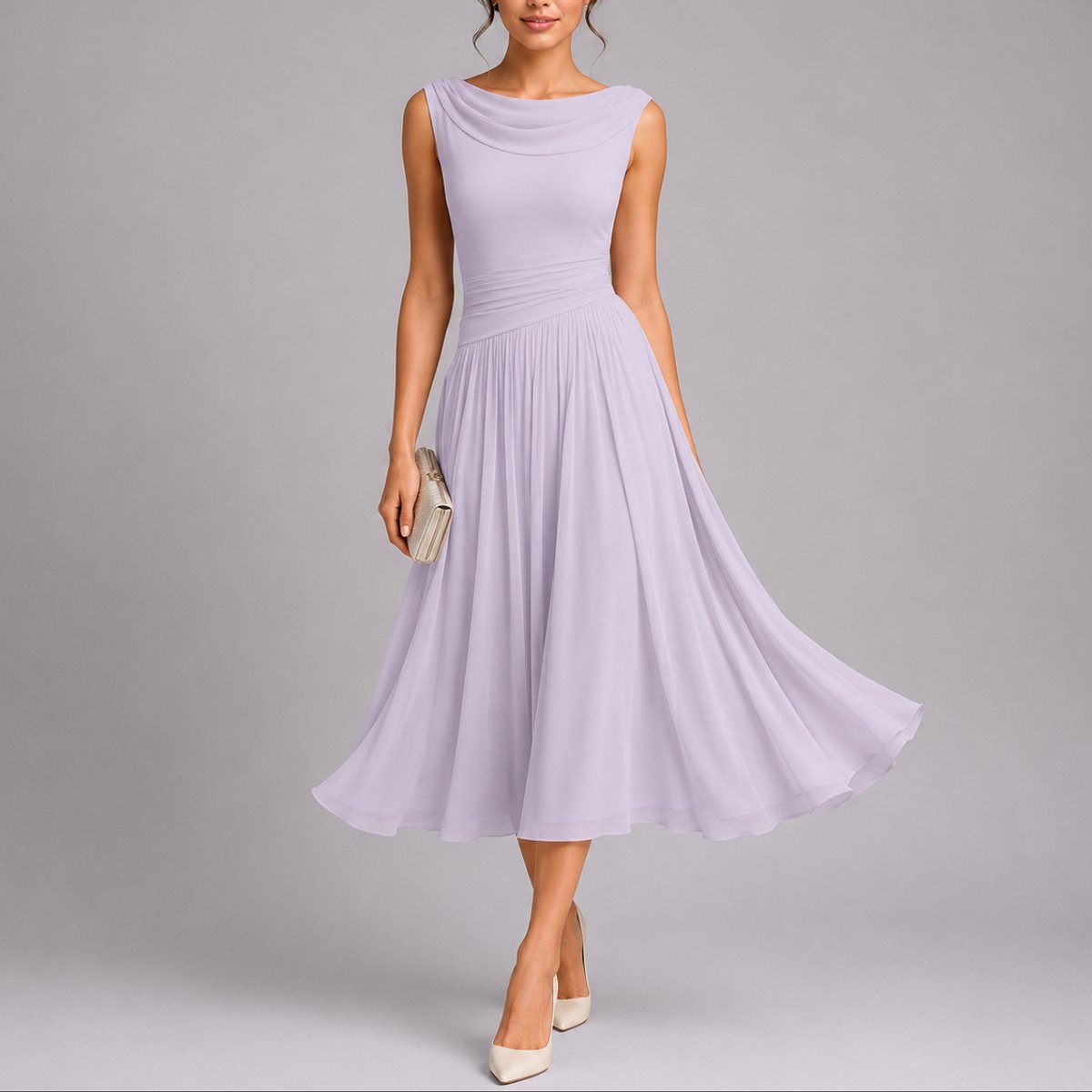 Robe Midi Drapée Sans Manches Femme À Jupe Évasée