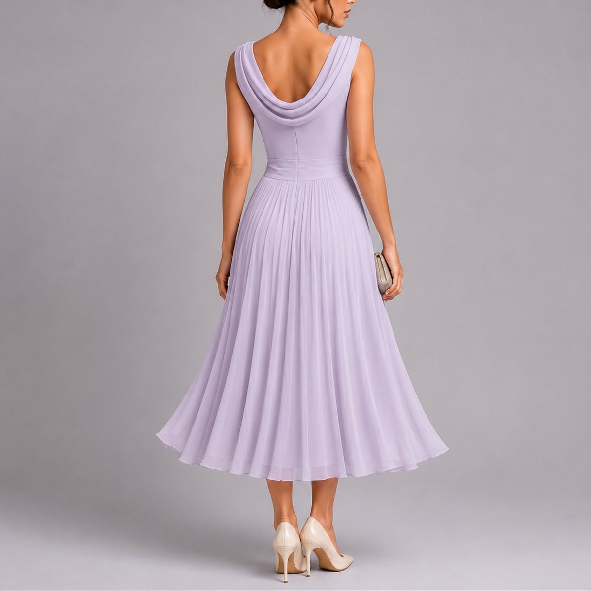 Robe Midi Drapée Sans Manches Femme À Jupe Évasée
