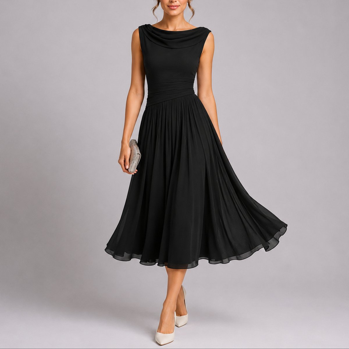 Robe Midi Drapée Sans Manches Femme À Jupe Évasée