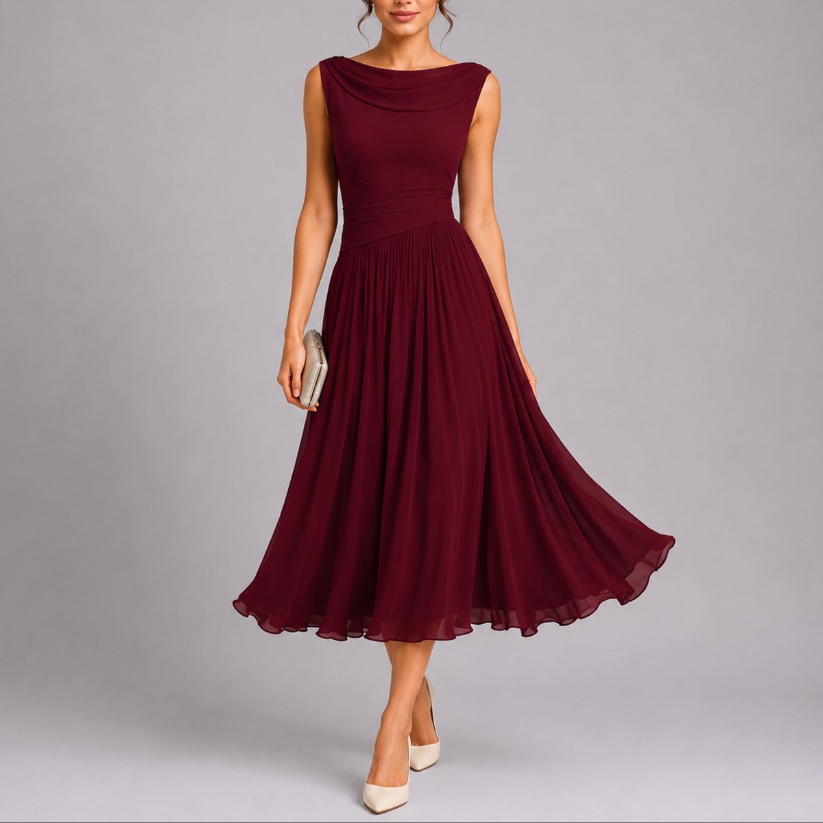 Robe Midi Drapée Sans Manches Femme À Jupe Évasée