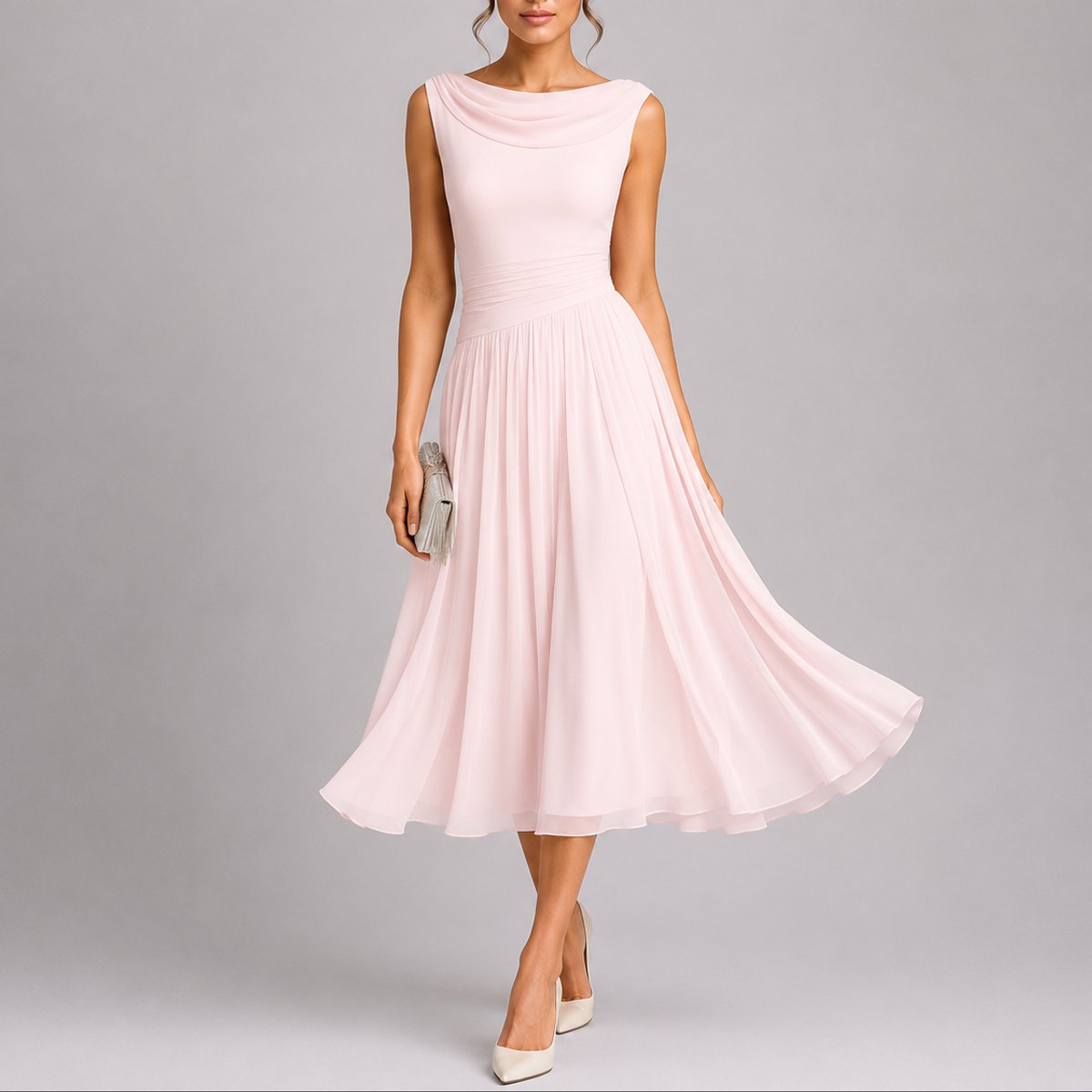 Robe Midi Drapée Sans Manches Femme À Jupe Évasée