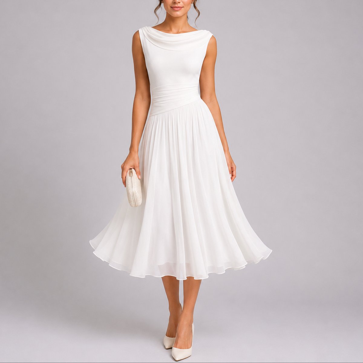 Robe Midi Drapée Sans Manches Femme À Jupe Évasée
