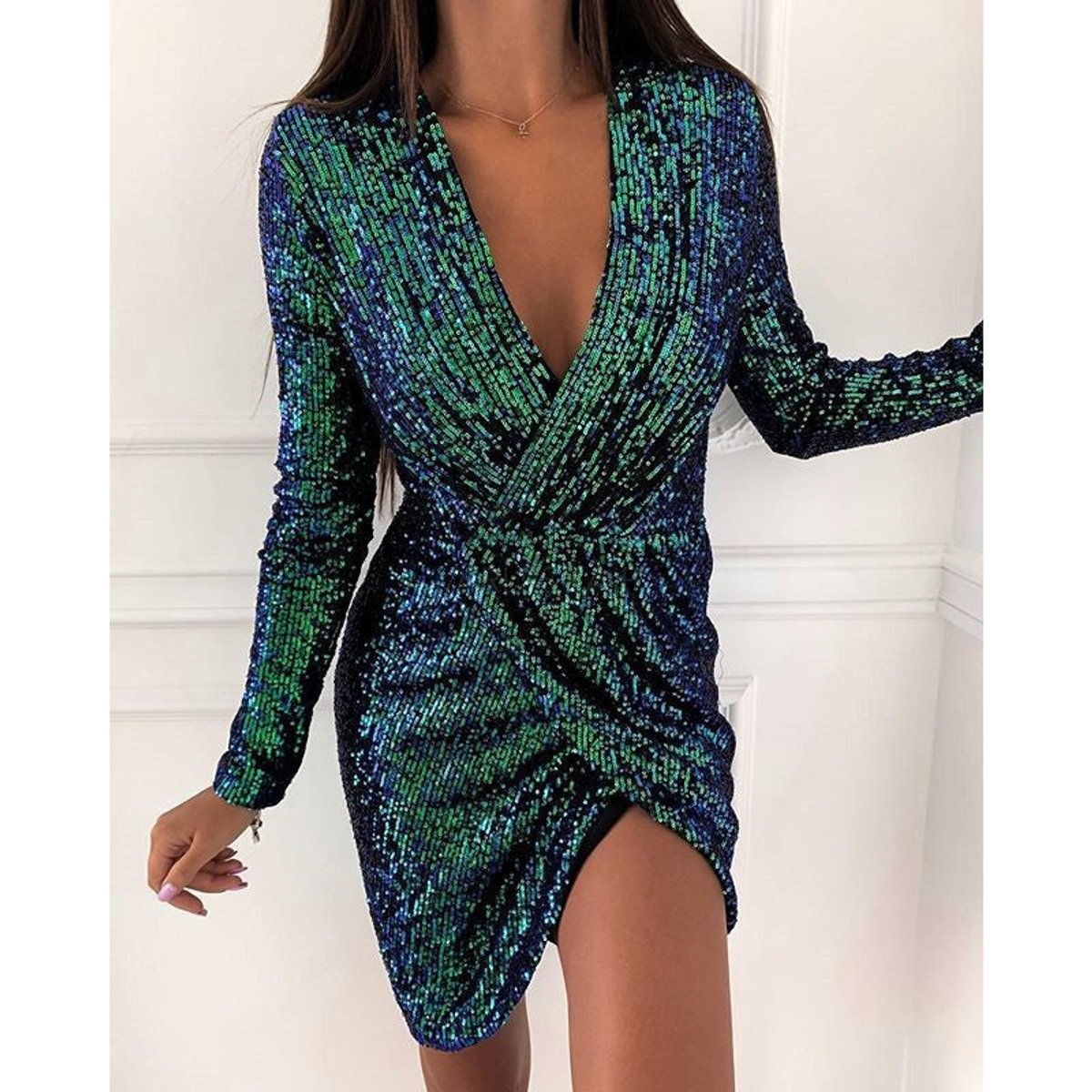 Robe À Paillettes Femme Col V Et Manches Longues