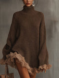 Robe Pull Femme Col Roulé Ornée De Dentelle