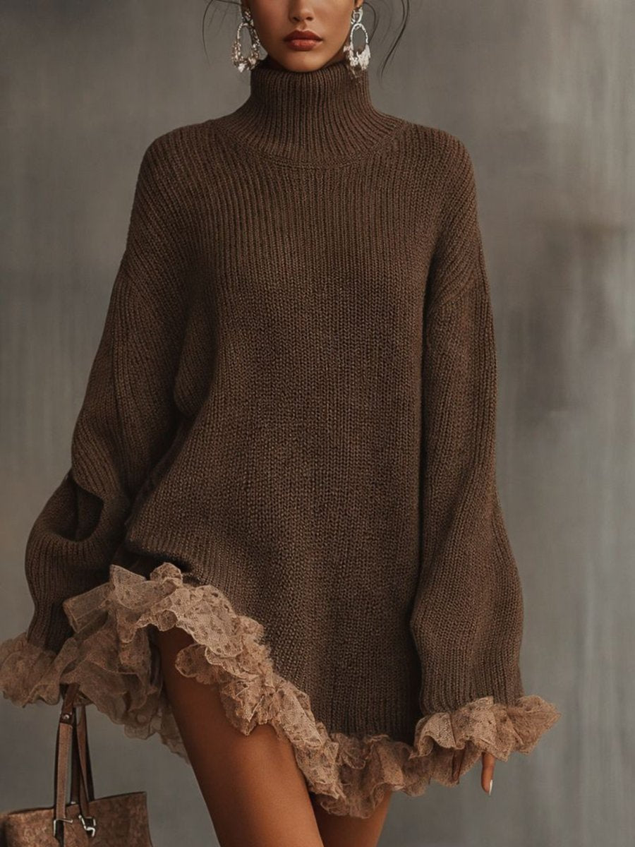 Robe Pull Femme Col Roulé Ornée De Dentelle