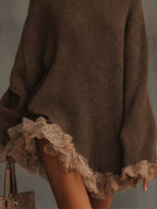 Robe Pull Femme Col Roulé Ornée De Dentelle