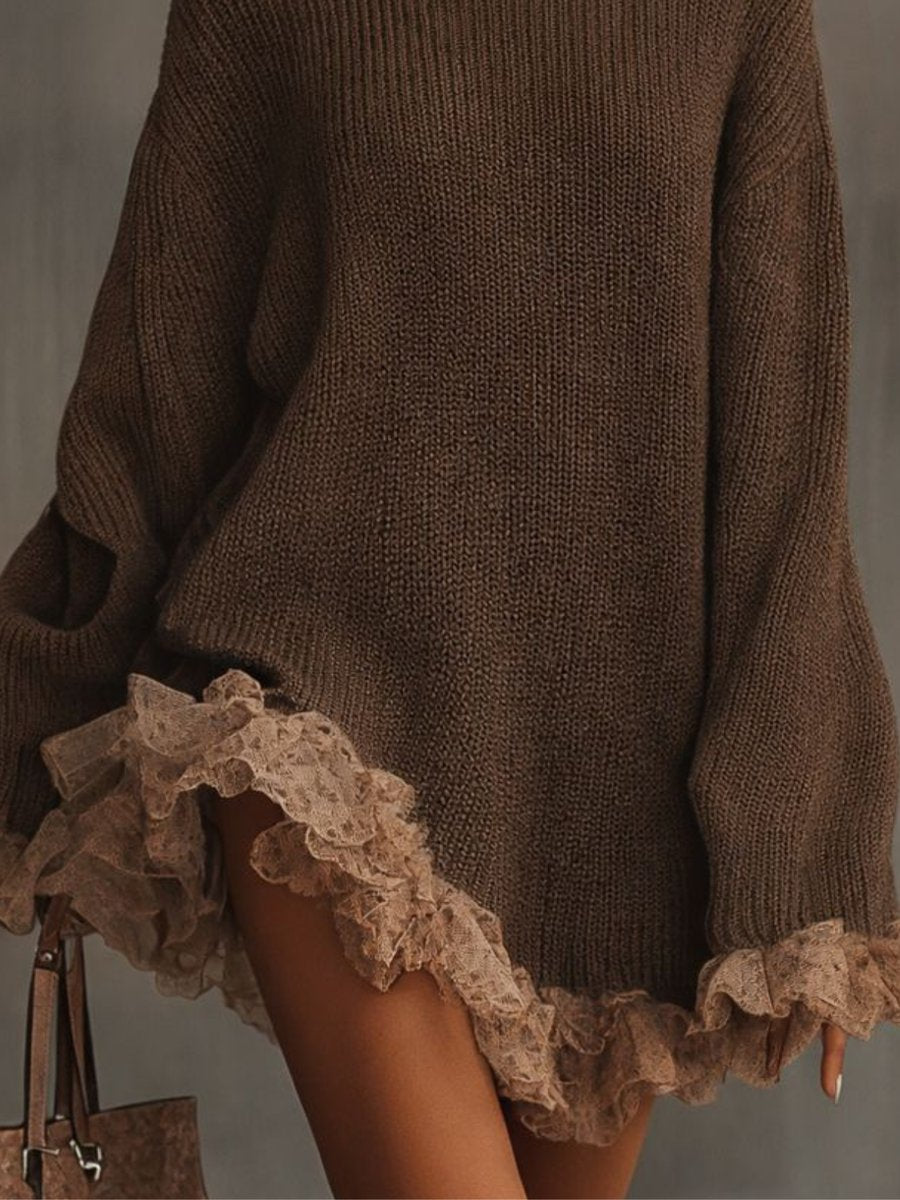 Robe Pull Femme Col Roulé Ornée De Dentelle