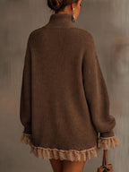 Robe Pull Femme Col Roulé Ornée De Dentelle