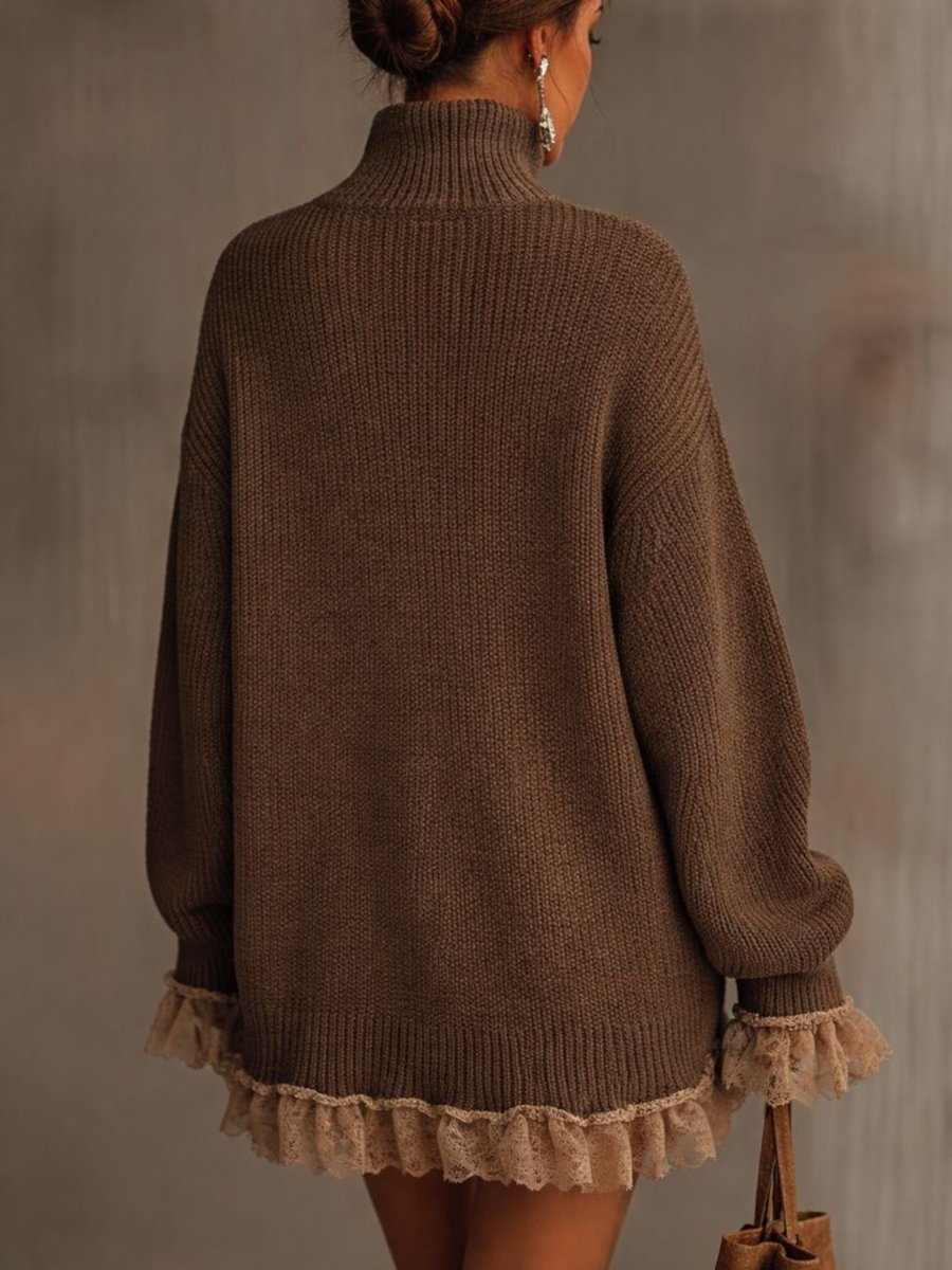 Robe Pull Femme Col Roulé Ornée De Dentelle