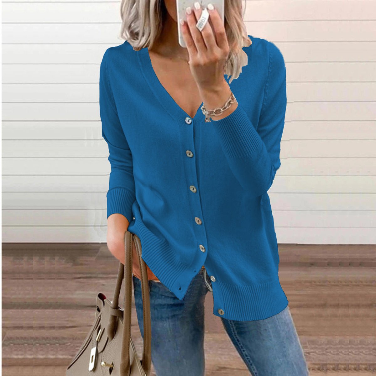 Cardigan Femme Boutonné À Col V Et Poignets Côtelés