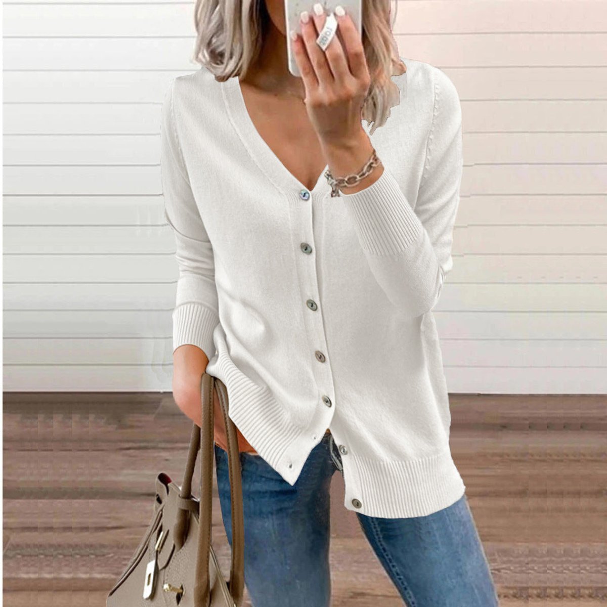 Cardigan Femme Boutonné À Col V Et Poignets Côtelés