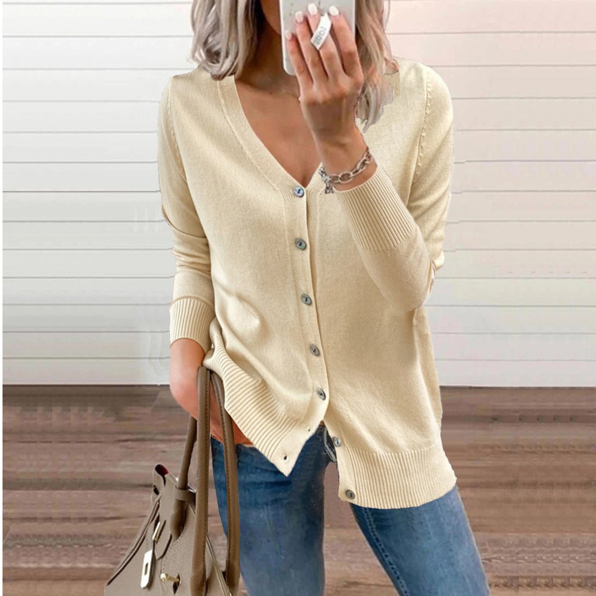 Cardigan Femme Boutonné À Col V Et Poignets Côtelés