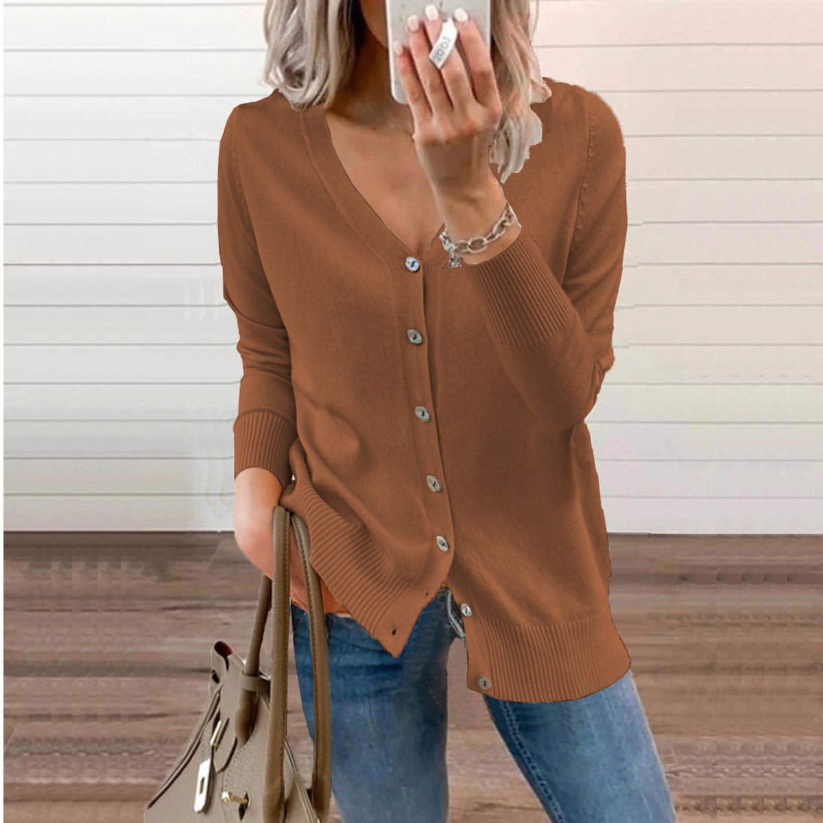 Cardigan Femme Boutonné À Col V Et Poignets Côtelés