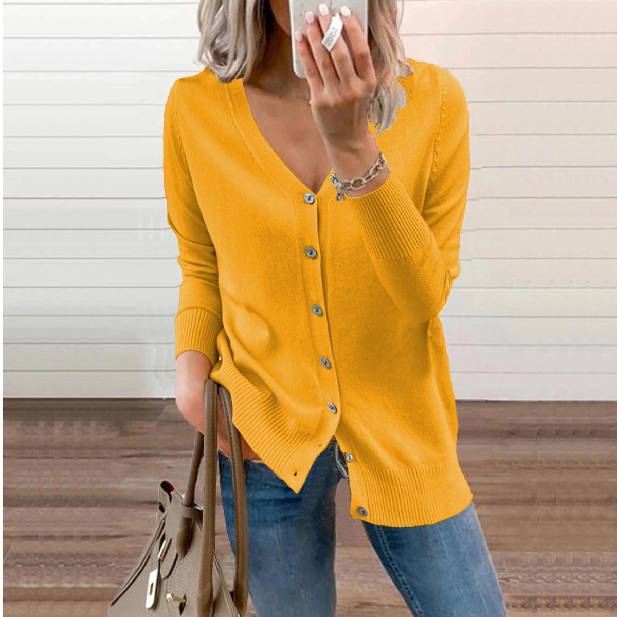 Cardigan Femme Boutonné À Col V Et Poignets Côtelés