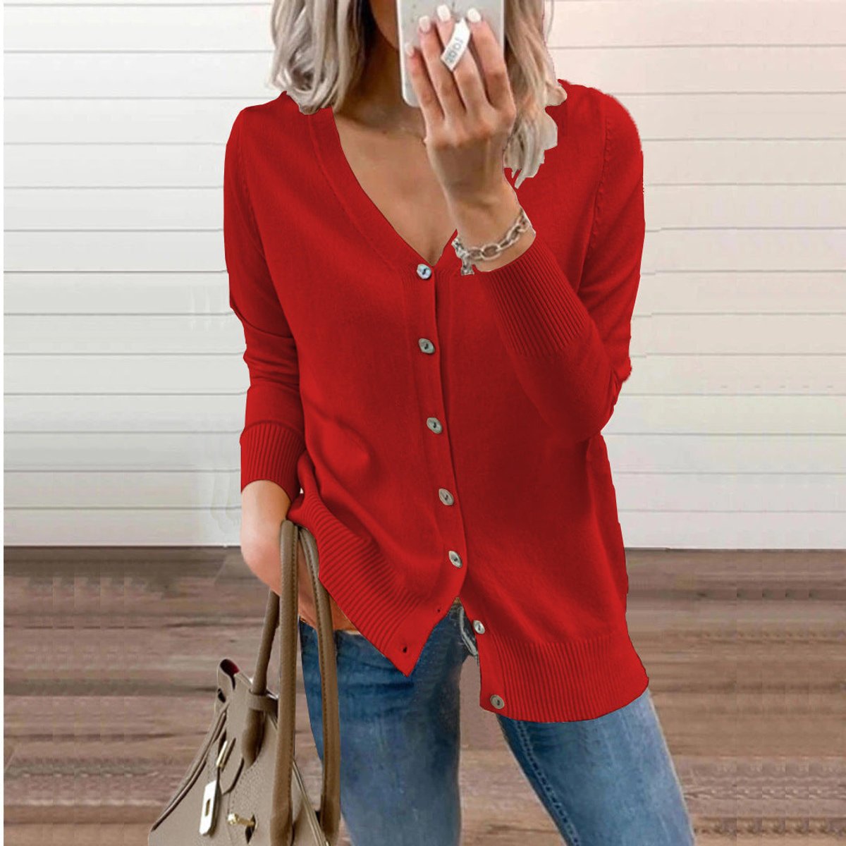 Cardigan Femme Boutonné À Col V Et Poignets Côtelés