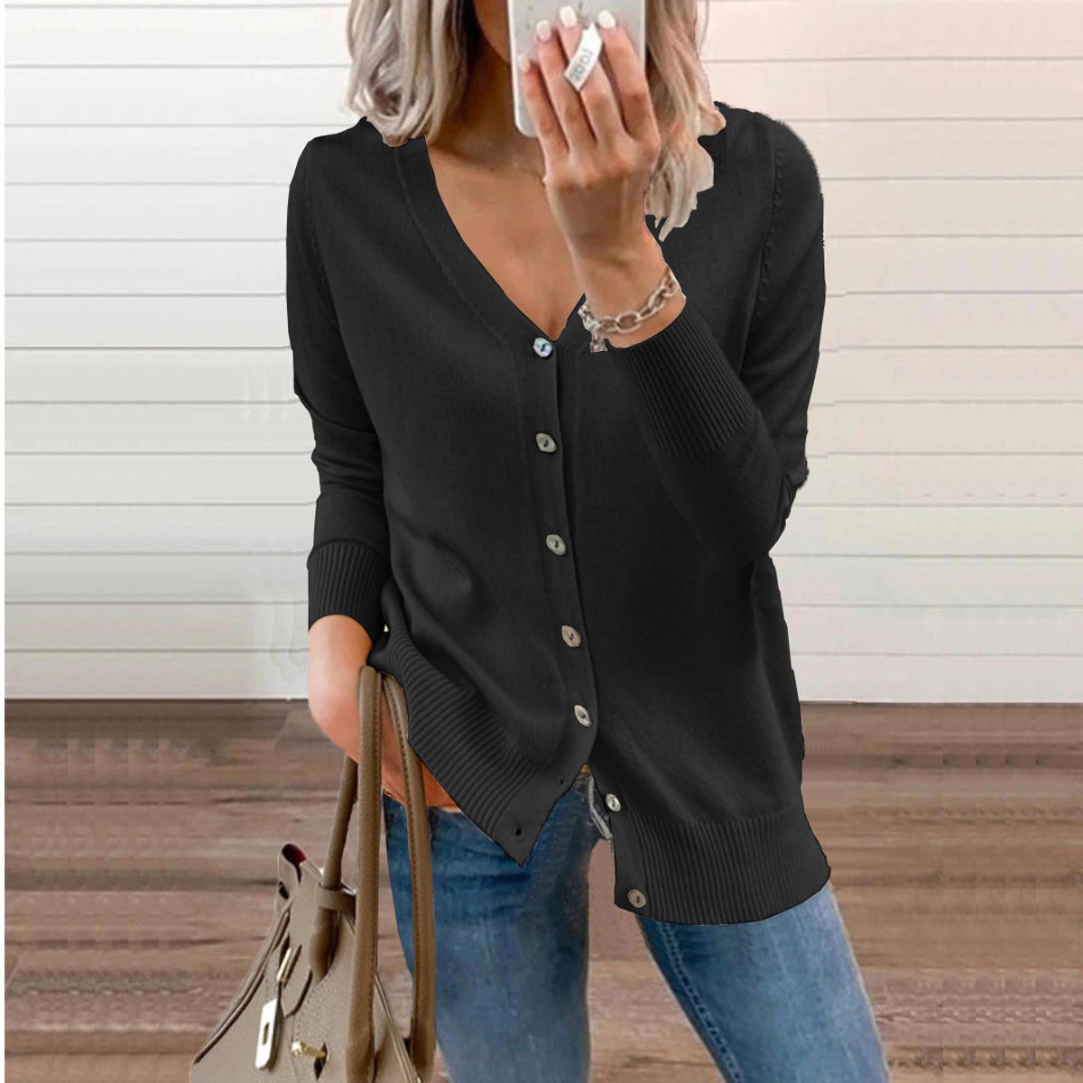 Cardigan Femme Boutonné À Col V Et Poignets Côtelés