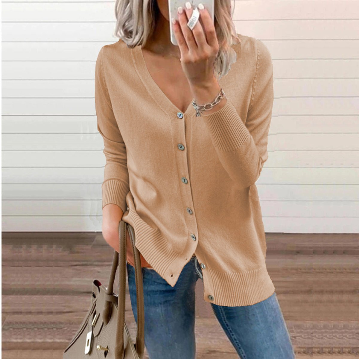 Cardigan Femme Boutonné À Col V Et Poignets Côtelés