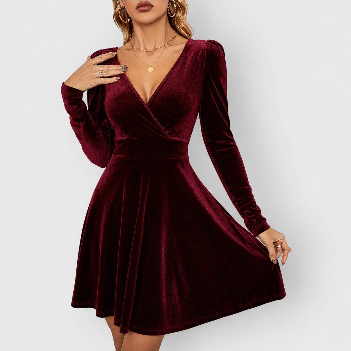 Robe Patineuse Effet Velours Femme À Col Cache-Cœur
