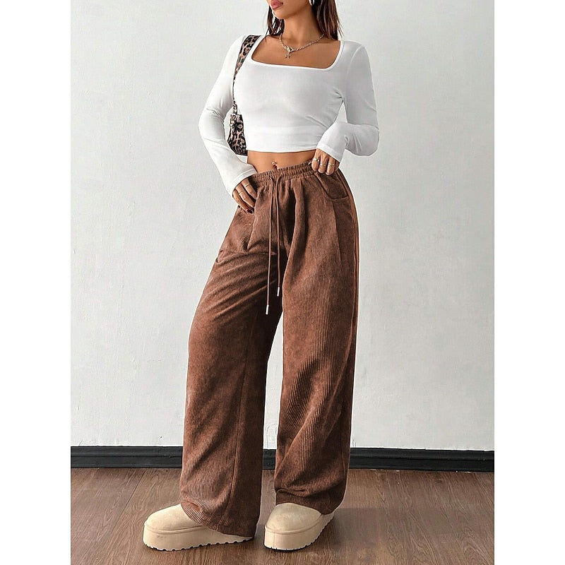 Pantalon ample à taille élastique avec cordon et poches pour femme