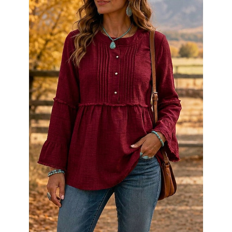 Blouse Plissée Femme À Basque Et Boutons