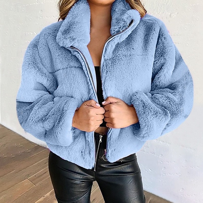 Manteau Court Zippé Femme À Col Montant